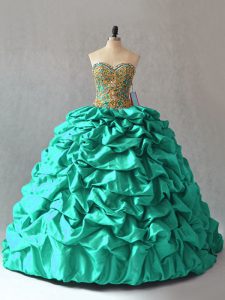 Sweetheart Sleeveless Quinceanera Dresses Brush Train Beading and Pick Ups Turquoise Taffeta