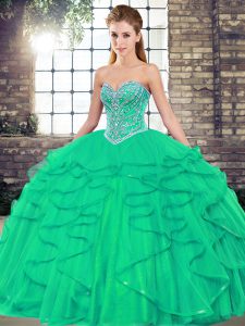 Comfortable Turquoise Tulle Lace Up Sweetheart Sleeveless Floor Length Quinceanera Dress Beading and Ruffles