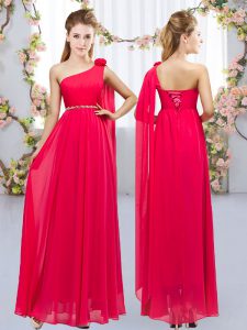 Red Lace Up One Shoulder Beading and Hand Made Flower Dama Dress Chiffon Sleeveless