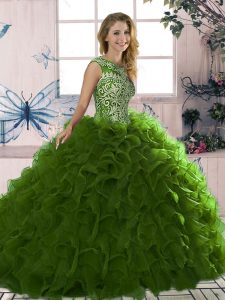 Olive Green Lace Up Scoop Beading and Ruffles Quinceanera Dress Organza Sleeveless
