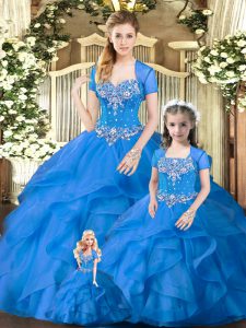 Sleeveless Floor Length Beading and Ruffles Lace Up Quince Ball Gowns with Blue