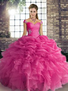 Off The Shoulder Sleeveless Sweet 16 Dresses Floor Length Beading and Ruffles and Pick Ups Rose Pink Organza