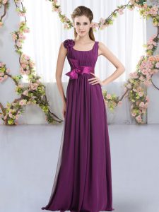 On Sale Dark Purple Chiffon Zipper Dama Dress for Quinceanera Sleeveless Floor Length Belt and Hand Made Flower