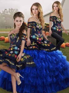 Designer Blue And Black Three Pieces Embroidery and Ruffled Layers Sweet 16 Dresses Lace Up Organza Sleeveless Floor Length
