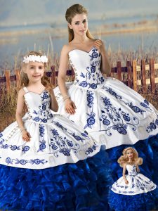 Smart Sweetheart Sleeveless Quince Ball Gowns Floor Length Embroidery and Ruffles Blue And White Organza