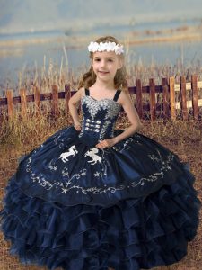 Navy Blue Little Girls Pageant Dress Wholesale Wedding Party with Embroidery and Ruffled Layers Straps Sleeveless Lace Up