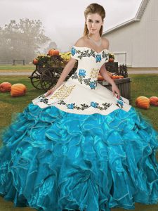 Blue And White Off The Shoulder Lace Up Embroidery and Ruffles Sweet 16 Quinceanera Dress Sleeveless