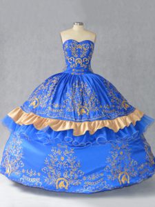 Flirting Sweetheart Sleeveless 15th Birthday Dress Floor Length Embroidery and Bowknot Blue Satin and Organza