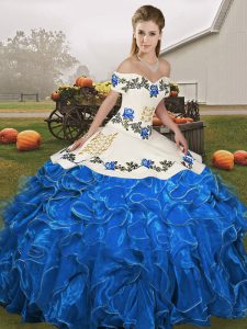 Blue And White Off The Shoulder Lace Up Embroidery and Ruffles Quinceanera Gown Sleeveless
