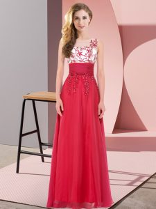 Flirting Scoop Sleeveless Dama Dress for Quinceanera Floor Length Appliques Red Chiffon