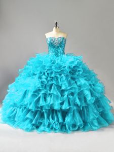 Aqua Blue Sweetheart Lace Up Ruffles and Sequins Quinceanera Dress Sleeveless