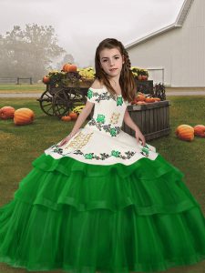 Elegant Sleeveless Floor Length Embroidery and Ruffled Layers Lace Up Little Girl Pageant Dress with Green