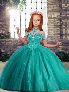 Hot Sale Tulle High-neck Sleeveless Lace Up Beading Pageant Gowns For Girls in Turquoise