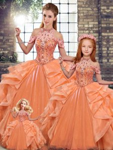 Beading and Ruffles Quinceanera Dress Orange Lace Up Sleeveless Floor Length