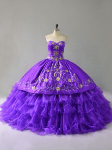Suitable Purple Lace Up Sweetheart Embroidery and Ruffles Vestidos de Quinceanera Organza Sleeveless