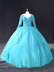 Spectacular Long Sleeves Floor Length Lace and Appliques Lace Up 15th Birthday Dress with Aqua Blue