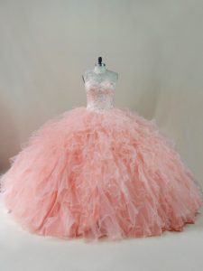Peach Ball Gowns Scoop Sleeveless Tulle Floor Length Lace Up Beading and Ruffles Ball Gown Prom Dress