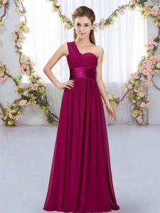 Luxury Sleeveless Chiffon Floor Length Lace Up Quinceanera Court of Honor Dress in Fuchsia with Belt