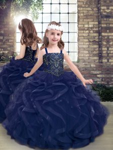 Best Floor Length Lace Up Child Pageant Dress Navy Blue for Party and Sweet 16 and Wedding Party with Beading and Ruffles