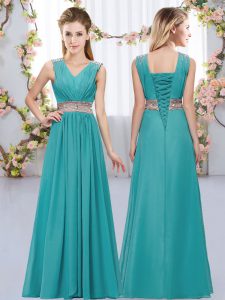 Sleeveless Lace Up Floor Length Beading and Belt Quinceanera Court Dresses