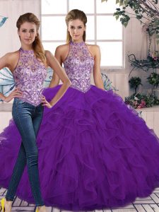 Fitting Purple Sweet 16 Dress Military Ball and Sweet 16 and Quinceanera with Beading and Ruffles Halter Top Sleeveless Lace Up