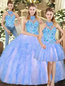 Sleeveless Floor Length Embroidery Lace Up 15th Birthday Dress with Multi-color