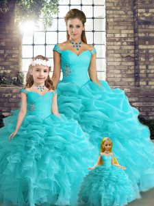 Noble Aqua Blue Sleeveless Beading and Ruffles and Pick Ups Floor Length Sweet 16 Dresses