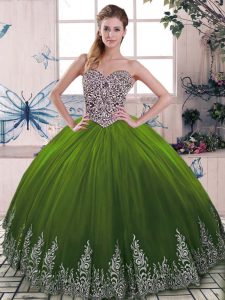 Adorable Floor Length Lace Up Quince Ball Gowns Olive Green for Military Ball and Sweet 16 and Quinceanera with Beading and Embroidery