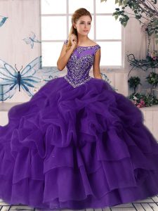 Suitable Purple Sweet 16 Dress Organza Brush Train Sleeveless Beading and Pick Ups
