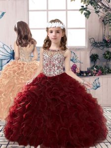Scoop Sleeveless Lace Up Pageant Gowns For Girls Burgundy Organza