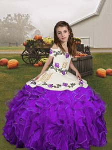 Superior Purple Straps Lace Up Embroidery and Ruffles Pageant Gowns For Girls Sleeveless