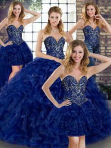 Amazing Royal Blue Organza Lace Up Quinceanera Dress Sleeveless Floor Length Beading and Ruffles