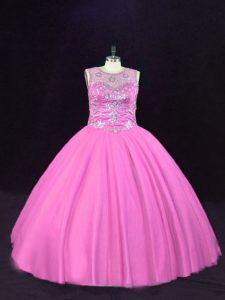 Popular Floor Length Lace Up 15 Quinceanera Dress Pink for Sweet 16 and Quinceanera with Beading
