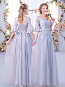 Eye-catching Tulle Half Sleeves Floor Length Vestidos de Damas and Lace and Belt