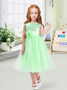 Organza Sleeveless Tea Length Little Girl Pageant Gowns and Sequins and Hand Made Flower