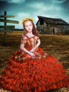 Inexpensive Orange Red Organza Lace Up Pageant Gowns For Girls Short Sleeves Floor Length Embroidery and Ruffled Layers