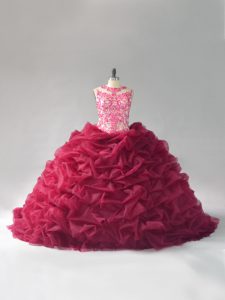 Adorable Burgundy Quinceanera Gowns Sweet 16 and Quinceanera with Beading and Pick Ups Scoop Sleeveless Court Train Lace Up