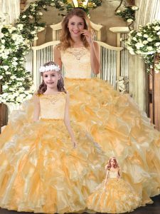 Stylish Ball Gowns Vestidos de Quinceanera Gold Scoop Organza Sleeveless Floor Length Clasp Handle