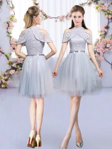 Sexy Grey Tulle Zipper High-neck Sleeveless Mini Length Quinceanera Court of Honor Dress Lace and Belt