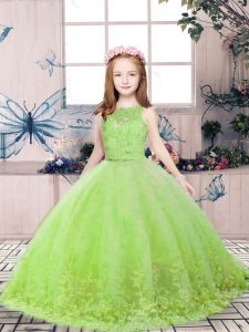 Beautiful Scoop Sleeveless Little Girl Pageant Gowns Floor Length Lace and Appliques Yellow Green Tulle