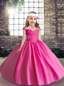 Excellent Hot Pink Tulle Lace Up Little Girls Pageant Dress Sleeveless Floor Length Beading