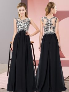 Stunning Chiffon Scoop Sleeveless Zipper Beading and Appliques Quinceanera Court of Honor Dress in Black