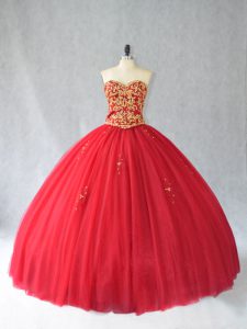 Red Sleeveless Tulle Brush Train Lace Up Ball Gown Prom Dress for Sweet 16 and Quinceanera