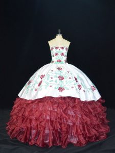 Glamorous Sweetheart Sleeveless Quince Ball Gowns Floor Length Embroidery and Ruffles Burgundy Organza