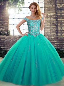 Cheap Turquoise Ball Gowns Beading Sweet 16 Dress Lace Up Tulle Sleeveless Floor Length
