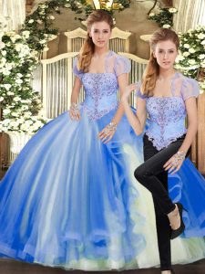 Blue Strapless Lace Up Beading and Ruffles Quince Ball Gowns Sleeveless