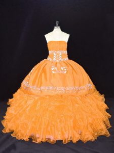 Lovely Gold Strapless Neckline Embroidery and Ruffles Sweet 16 Dress Sleeveless Lace Up