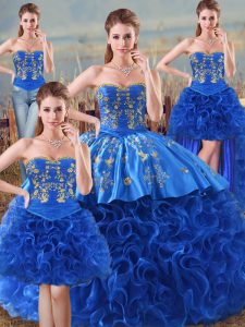 Affordable Royal Blue Sleeveless Floor Length Embroidery and Ruffles Lace Up Vestidos de Quinceanera