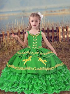 Sleeveless Organza Floor Length Lace Up Little Girl Pageant Gowns in Green with Beading and Embroidery and Ruffled Layers