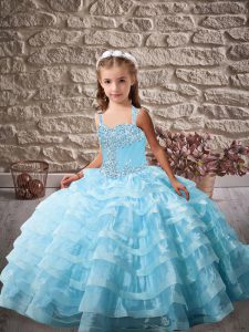 Lovely Baby Blue Ball Gowns Beading and Ruffled Layers Little Girls Pageant Gowns Lace Up Organza Sleeveless